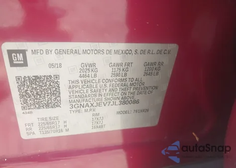 2018 Chevrolet Equinox Lt from USA, damaged, VIN 3GNAXJEV7JL380086